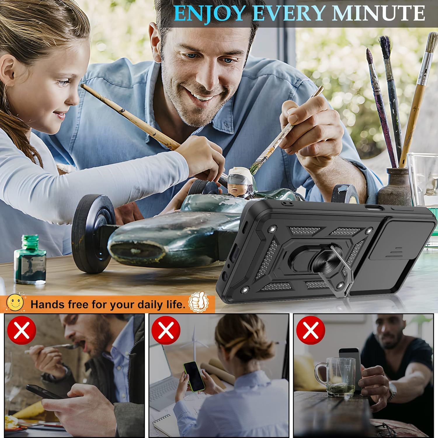 Husa telefon Mat-Tech compatibila cu Samsung Galaxy A12 / M12, Protectie Camera Slide and Snap Soft Premium, Magnetic Ring Holder, PopGrip, Anti-Shock, Rugged Protection, Negru