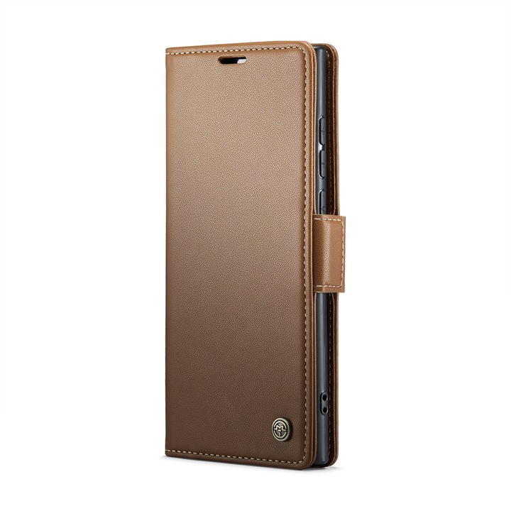 Калъф за Samsung Galaxy S24 Ultra, CaseMe, slim кожен, тип портфейл, стойка, магнитно предпазно закопчване, мека текстура и захващане в ръката, RFID защита, кафяво