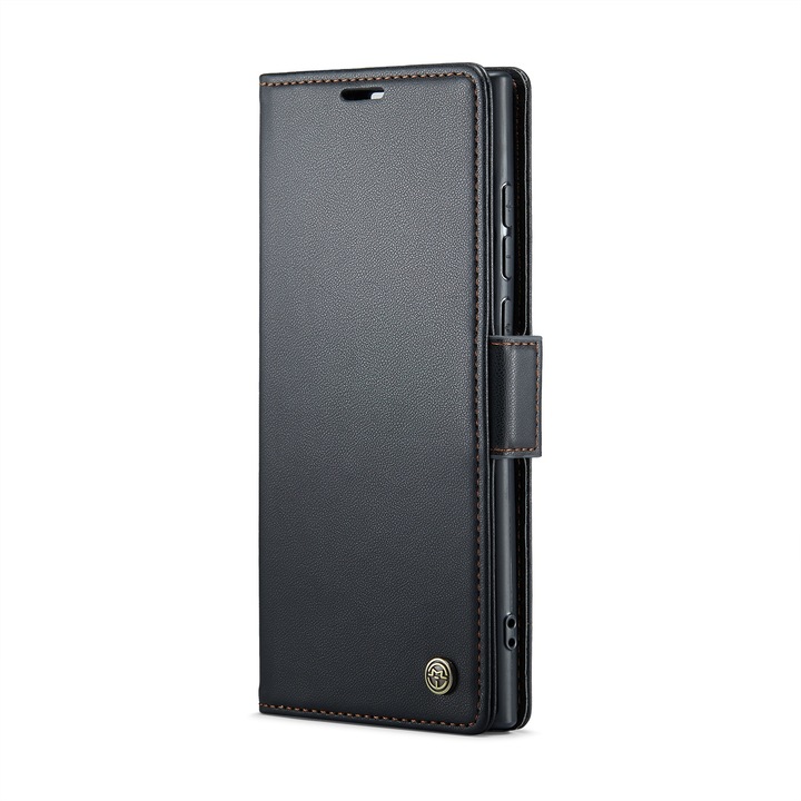 Калъф за Samsung Galaxy S24 Ultra, CaseMe, slim кожен, тип портфейл, стойка, магнитно предпазно закопчване, мека текстура и захващане в ръката, RFID защита, черен