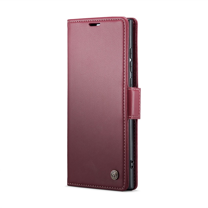 Калъф за Samsung Galaxy S24 Ultra, CaseMe, slim кожен, тип портфейл, стойка, магнитно предпазно закопчване, мека текстура и захващане в ръката, RFID защита, червен