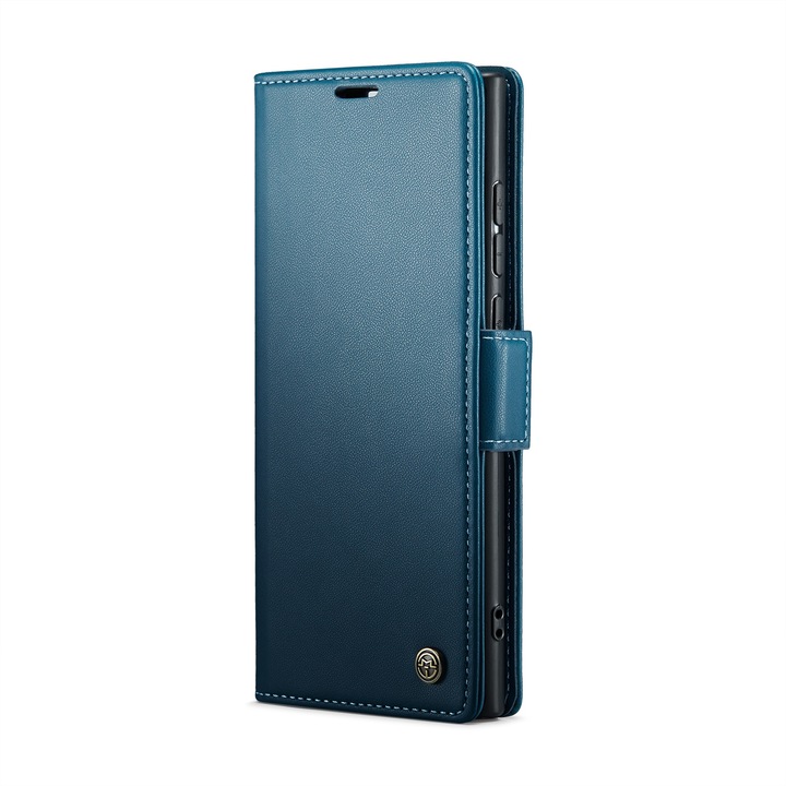 Калъф за Samsung Galaxy S24 Ultra, CaseMe, slim кожен, тип портфейл, стойка, магнитно предпазно закопчване, мека текстура и захващане в ръката, RFID защита, Син