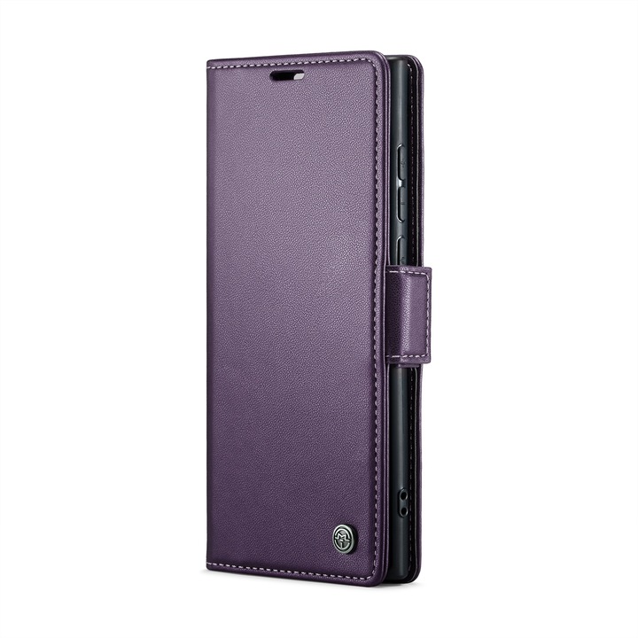 Калъф за Samsung Galaxy S24 Ultra, CaseMe, slim кожен, тип портфейл, стойка, магнитно предпазно закопчване, мека текстура и захващане в ръката, RFID защита, лилаво
