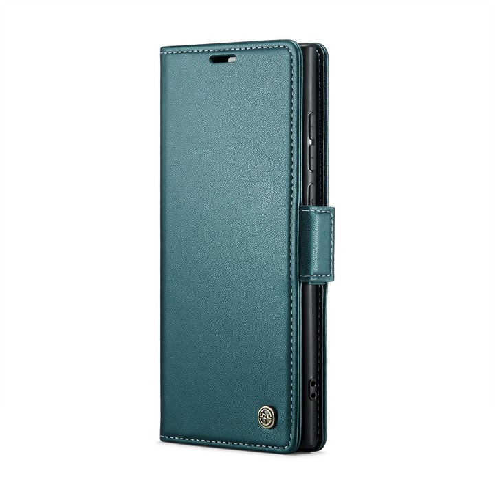 Калъф за Samsung Galaxy S24 Ultra, CaseMe, slim кожен, тип портфейл, стойка, магнитно предпазно закопчване, мека текстура и захващане в ръката, RFID защита, Зелено