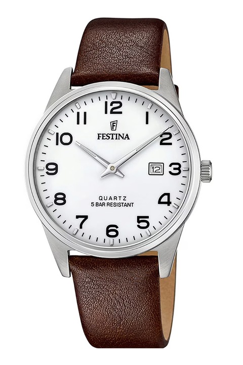 Festina, Аналогов часовник с кожена каишка, Тъмнокафяв