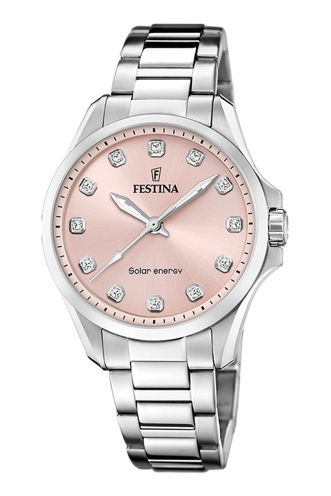 Festina, Ceas cu bratara de otel inoxidabil si zirconia, Argintiu, Roz deschis, Argintiu