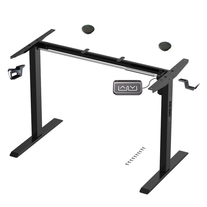 Set cadru electric pentru birou cu suport pahar, suport casti, 2 capace trecere cabluri si suruburi montaj, sistem anti coliziune, Arka Chairs, rezistenta 70Kg, inaltime 71-120 cm, negru