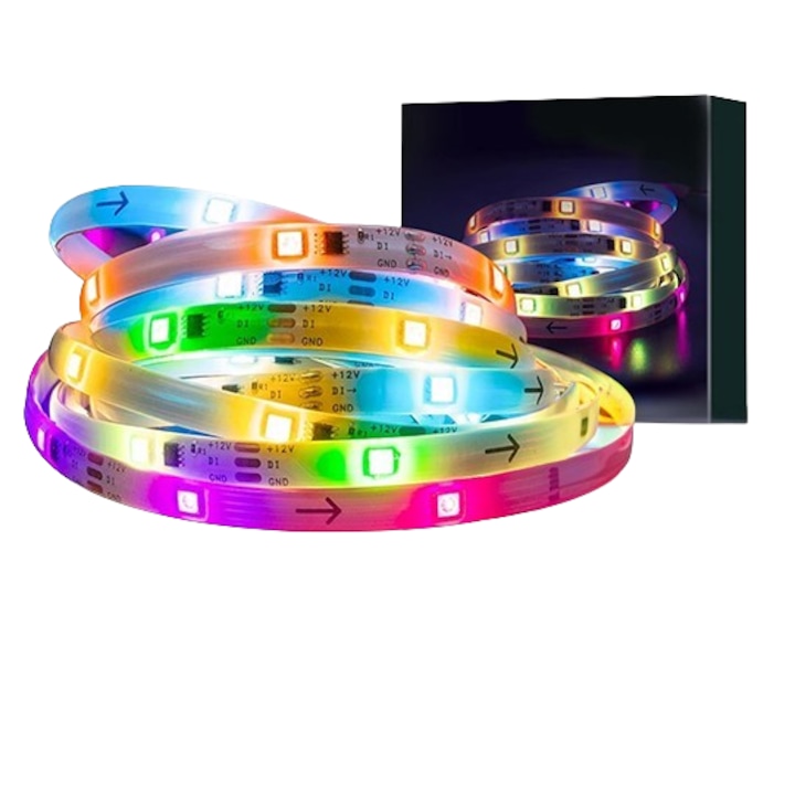 Комплект LED лента RGBIC, 5 метра, WS2811, Ефект на огради, Bluetooth, Управление от приложение, IP67, Диод 5050+WS2812B, IR дистанционно 21 бутона, Захранване 12V, Дължина 5м