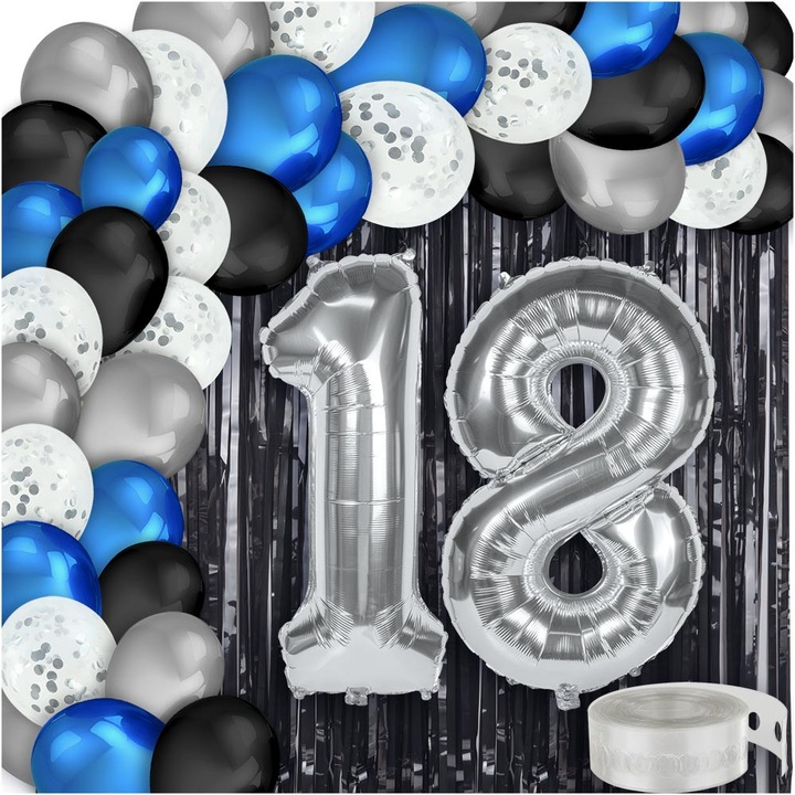 Set decoratiuni petrecere aniversara, Dekolo.pl, 18 ani, Baloane/Banda/Perdea 200x100cm, Multicolor