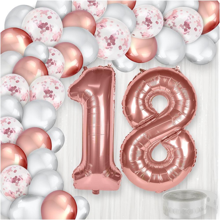 Lufi szett 18. születésnapra, Dekolo.pl, rózsaarany léggömbök, kristály léggömbök konfettivel, 200x100cm függöny