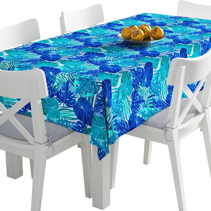 Abrosz, kék trópusi levelek, poliészter, téglalap, méret: 140 cm x 110 cm, TDX187/110