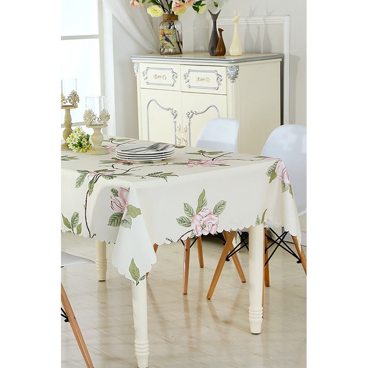 Fata de masa impermeabila si rezistenta la pete, din material textil solid si opac, cu imprimeu floral cu bujori si aspect elegant, romantic, bej, 130 x 180