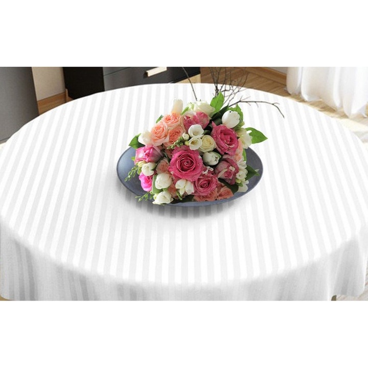 Fata de masa Kotonia Home Hotel - rotunda, diametru 150 cm, Damasc, 100% bumbac, latime dungi 1 cm, alb