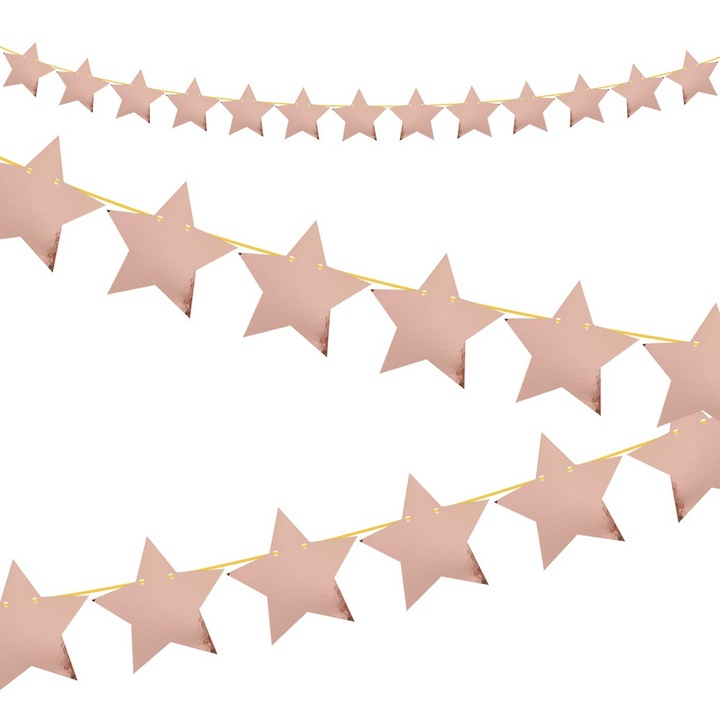 14 db dekoratív füzér készlet, Dekolo.pl, Rózsa arany, csillagok, 7 cm, zsinórral, 2,5 m