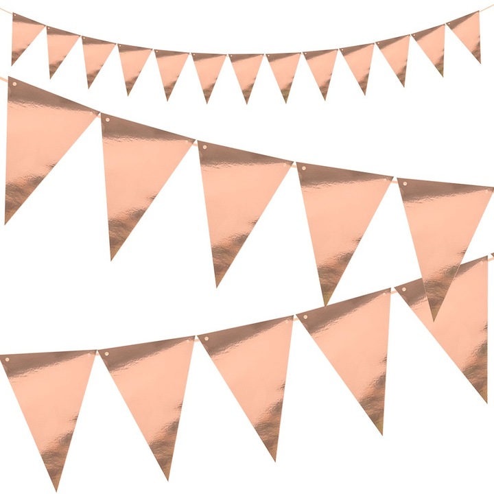 Dekolo.pl díszfüzér, papír háromszögek, rózsa arany, 13 db, 13x9cm, szett arany zsinórral 2,5 m