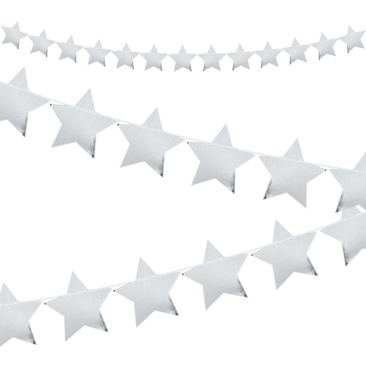 Dekolo.pl dekoratív transzparens készlet, csillagok, ezüst, 14 darab, 7 cm, 2,5 m-es zsinórral