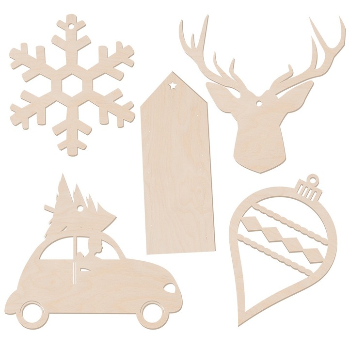 Set 5 decoratiuni de Craciun, Dekolo, Lemn, Bej