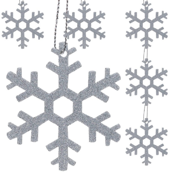 Set 6 Globuri de Craciun, Dekolo, Spuma, 8/9/10 cm, Model Fulgi de zapada, Argintiu
