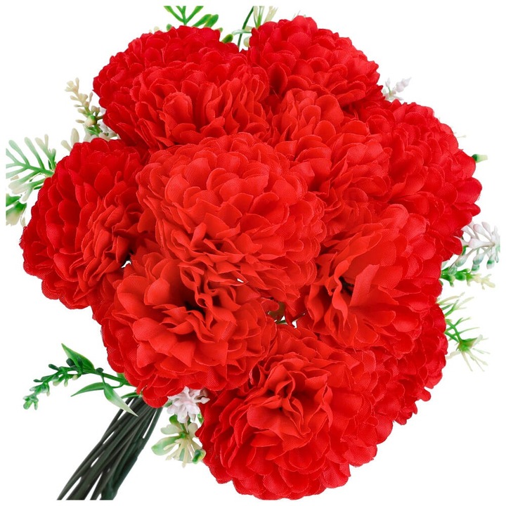 Buchet flori artificiale, Dekolo, 12 Crizanteme, 28 x 6 cm, Rosu / Verde