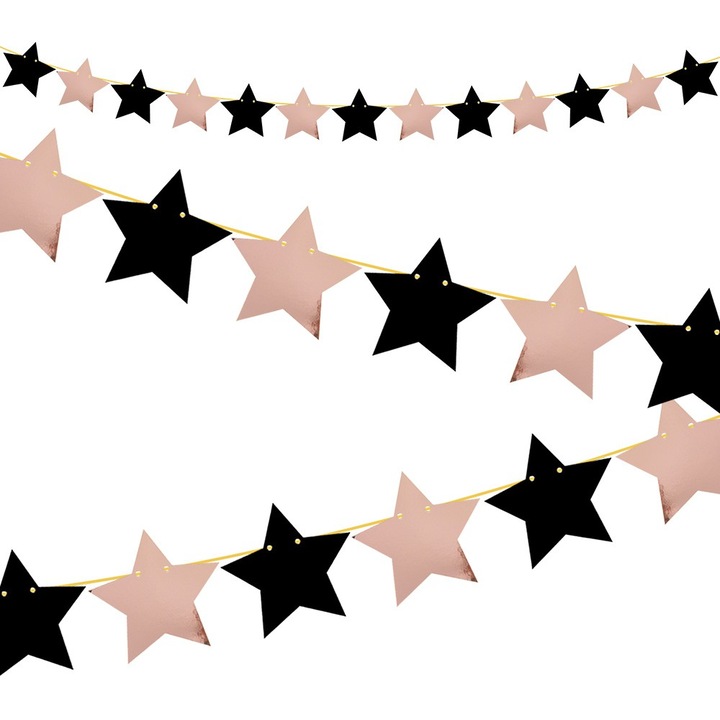 Dekolo.pl Dekoratív füzér szett, csillagok, fekete és rózsa arany, 7 cm, 2,5 m