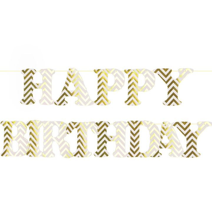 Dekoratív füzér, Dekolo.pl, Boldog születésnapot, fényvisszaverő papírbetűk, arany és fehér, 15 cm magas, 3 m