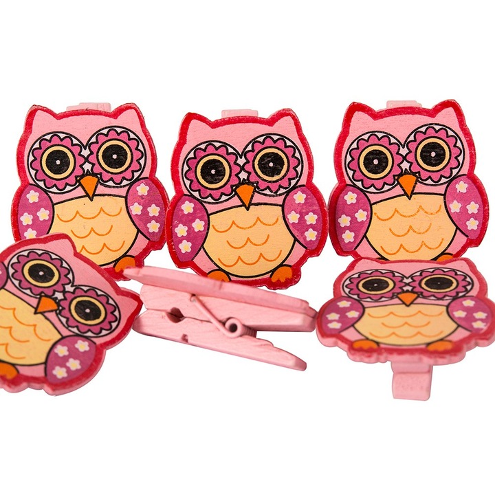 Комплект от 6 щипки, Dekolo.pl, шарка на бухал, дърво, розово, 4x3,5 см