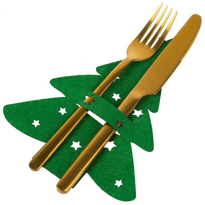 Set 6 Huse pentru tacamuri, Dekolo, Model Brad Craciun, 18 x 14 cm, Verde