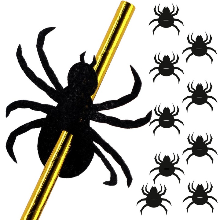 Set 10 Decoratiuni Paie Halloween, Dekolo, Model paianjen, 6 x 5.5 cm, negru