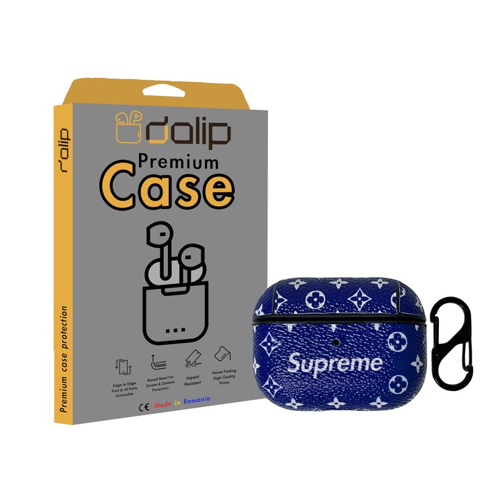 Husa pentru Apple AirPods Pro, Dalip DesignVersatil, Piele Eco, Albastru - Alb
