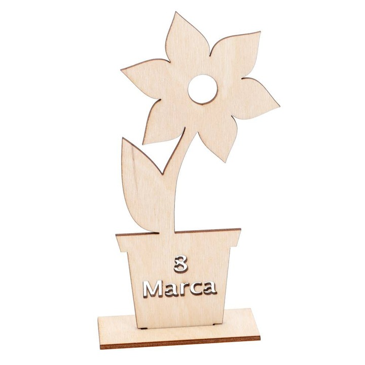 Dekolo.pl dekoráció, Virág cserépben, fa, "March 8" felirat, 18x6,5cm
