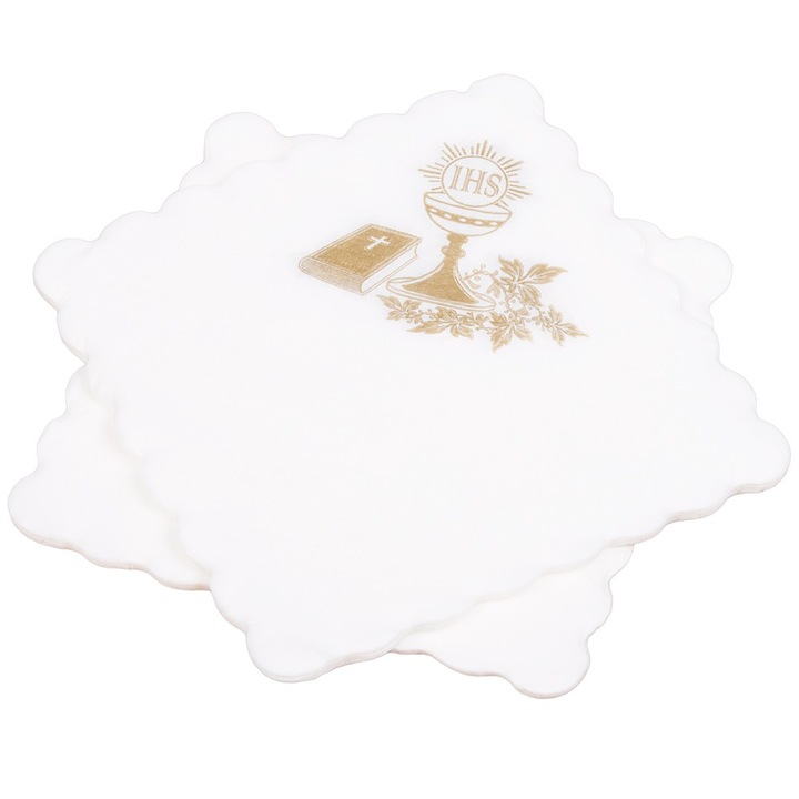 Set 100 servetele Impartasanie, IHS, 15 x 15 cm, Alb / Auriu