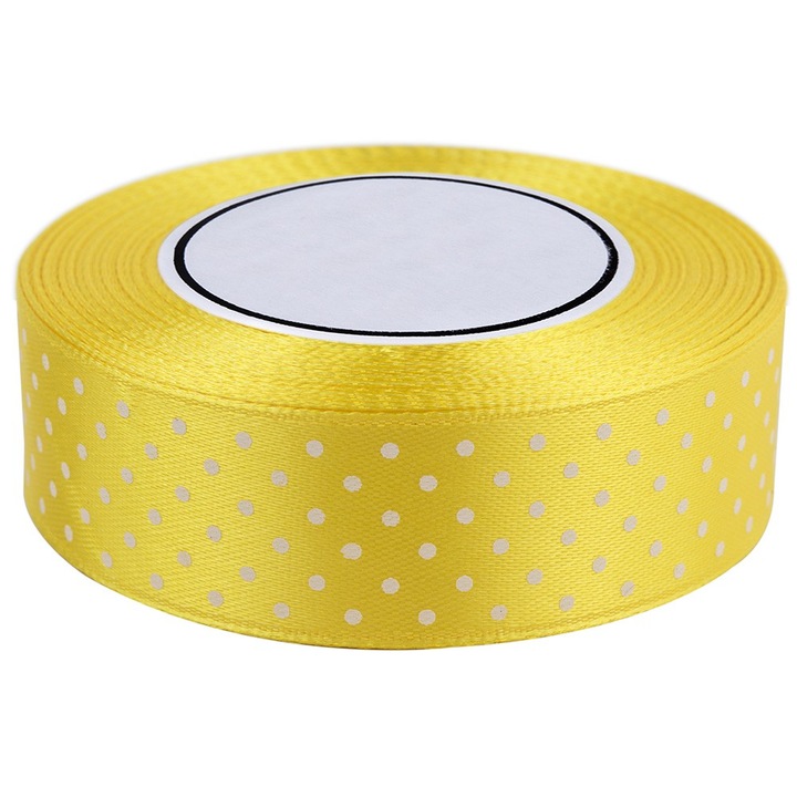 Banda decorativa cadouri, Dekolo.pl, Satin, Model cu Buline, 25mm x 22m, Galben / Alb
