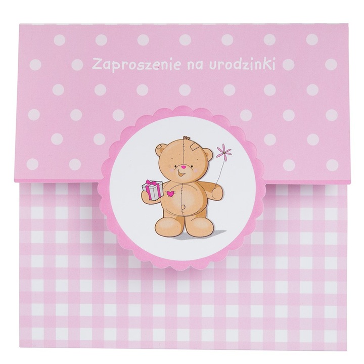 Invitatie aniversare, Dekolo.pl, fetite, roz, 14x14cm, set 1 bucata cu envelopa