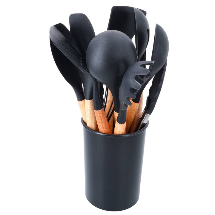 11 db-os edénykészlet + konyhai állvány, Dekolo.pl, szilikon/fa, fekete/natúr