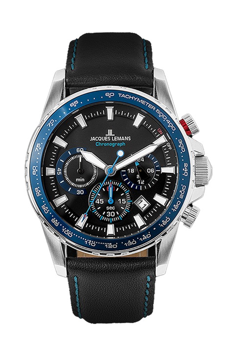 Jacques Lemans, Bőrszíjas chrono karóra, Ezüstszín, Fekete