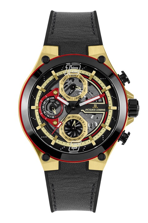Jacques Lemans, Multifunkciós karóra bőr- és szilikonszajjal, Aranyszín, Fekete