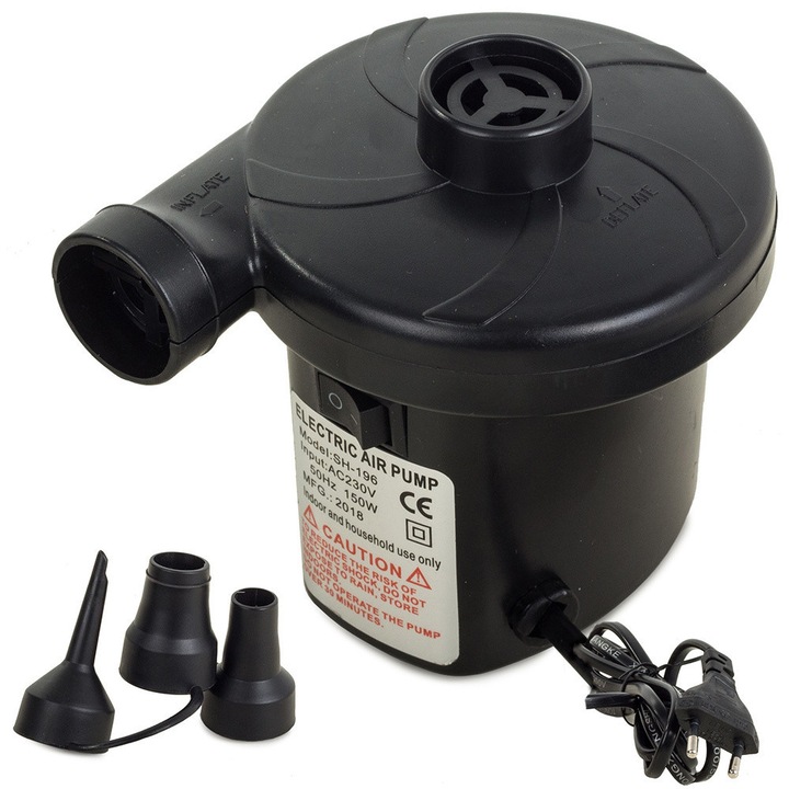 Elektromos matrac pumpa 3 cserélhető fejjel, 150W, 11 cm x 6.5 cm x 9.5 cm, fekete
