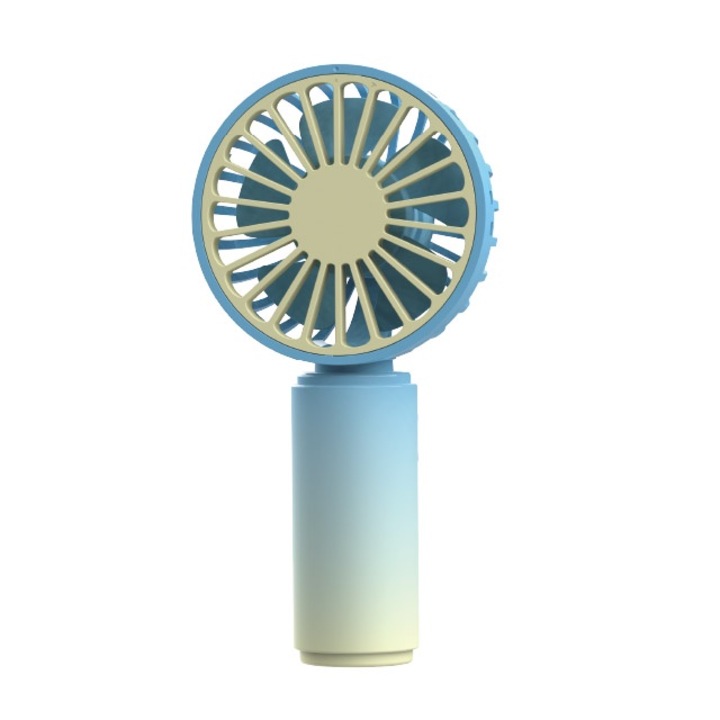 Ventilator portabil mini, albastru si galben, 3 viteze, USB reincarcabil, 123.5x61x40.8mm