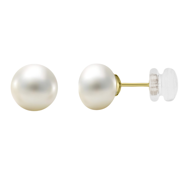 Cercei Aur 585 - 14K cu perle naturale albe tip buton, albe, 7, 5 mm, Fluturasi aur in silicon