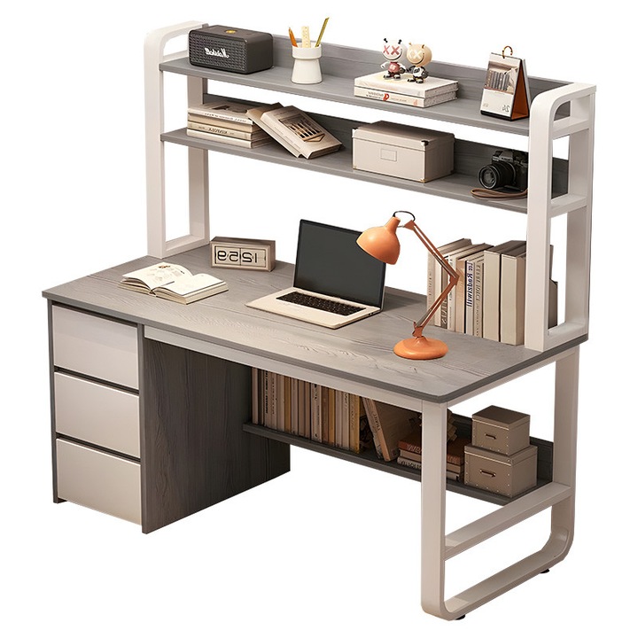 Birou cu raft Soco, MDF gri - alb, 120x50x144cm