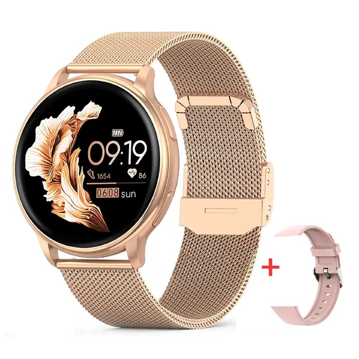 Ceas smartwatch dama LUMAUDiO®️ Callix, inteligent, Autonomie pana la 10 zile, apel Bluetooth 5.2, Notificari/Sms/Social Media, ecran IPS 1.52”, Rezistenta la apa IP68, monitorizare sport si a sanatatii, 2 curele, Universal, Auriu