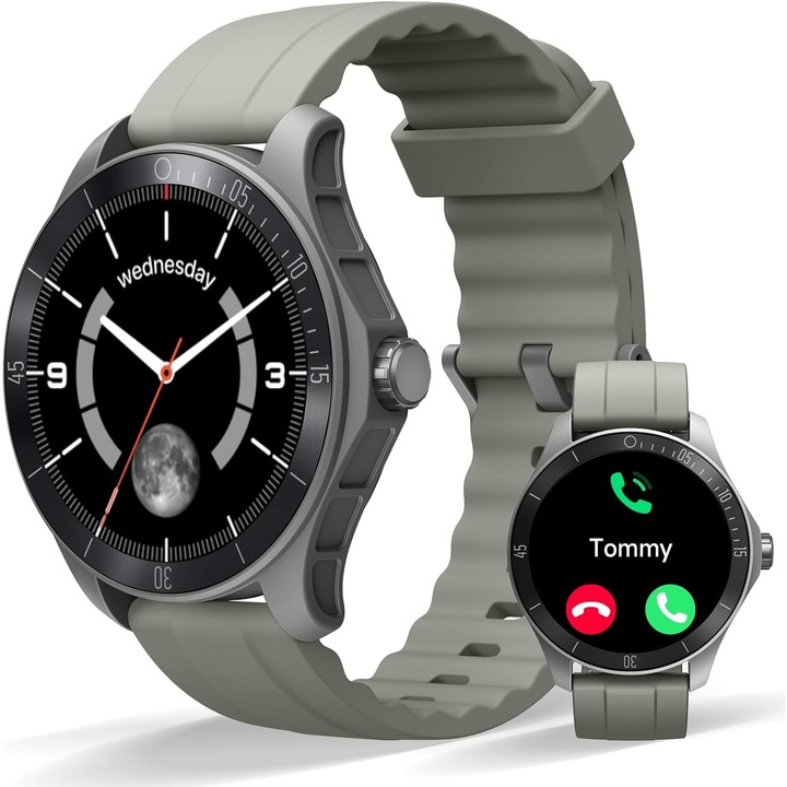 Smartwatch Wi8™ WATCH 1.38” AMOLED, Apel Bluetooth, Asistent Vocal Alexa, HD Sound, Notificari, 100+ Moduri Sport, Monitorizare 24/7, Autonomie 7 Zile, Control Muzica/Camera Foto, Carcasa 45 mm, Curea Silicon, Shadow Gray