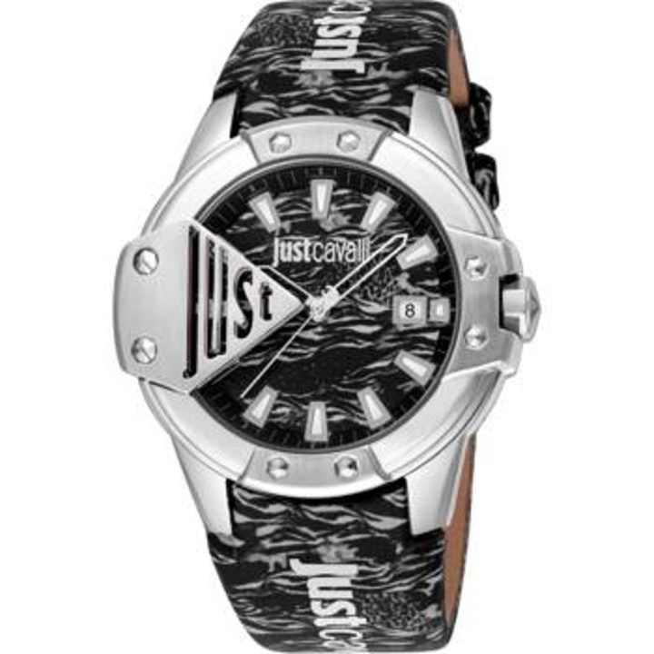 Ceas JUST CAVALLI JC1G260L0025, analog, datar, carcasa inox, curea piele, 44mm, negru