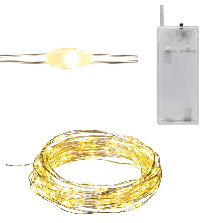 Füzér 40 LED-del, meleg fehér fény, 2,30m, elemes tápellátás