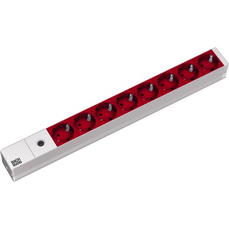 Prelungitor Bachmann, aluminiu 8 prize rosii, siguranta fuzibila 10A, cordon 2 m, stecker IEC14