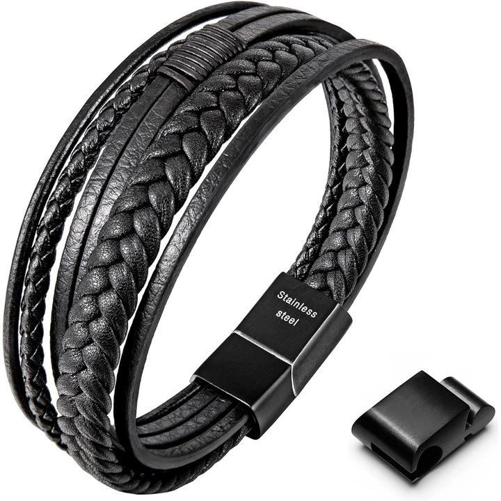 Bratara barbateasca din piele naturala, SA&SO General Store®, cu siraguri multiple, prindere cu magnet, Neagra