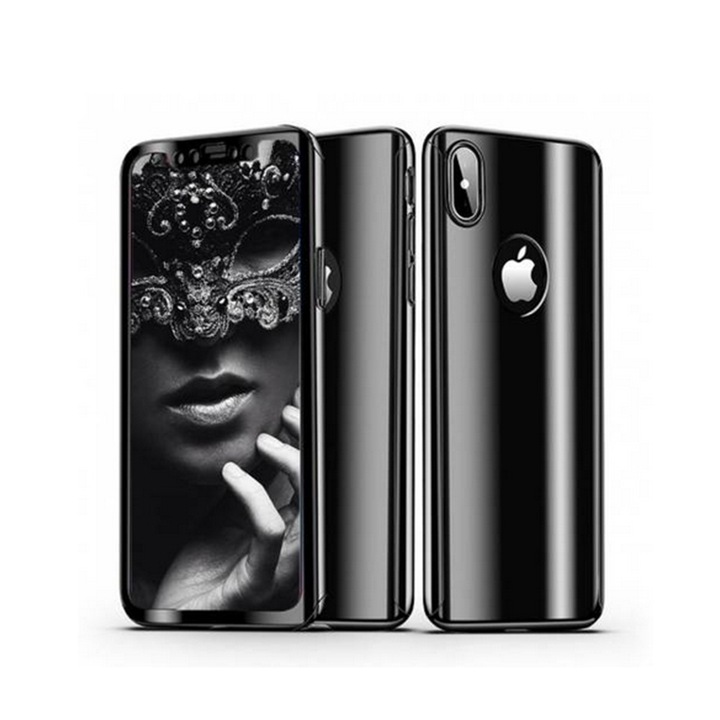 360 градусови огледални калъфи за Apple iPhone X, цяло тяло, огледално черно, включено защитно фолио