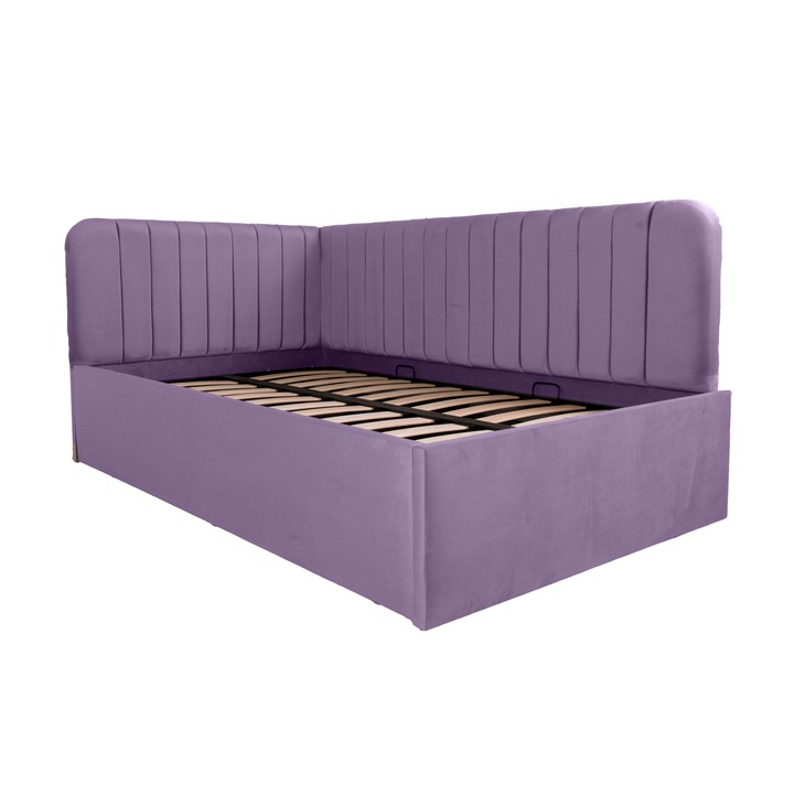 Pat dublu tapitat Disney line dreapta 120/200 lila, cu somiera metalica rabatabila si spatiu de depozitare