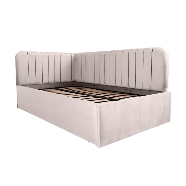 Pat dublu tapitat Disney line dreapta 120/200 crem, cu somiera metalica rabatabila si spatiu de depozitare