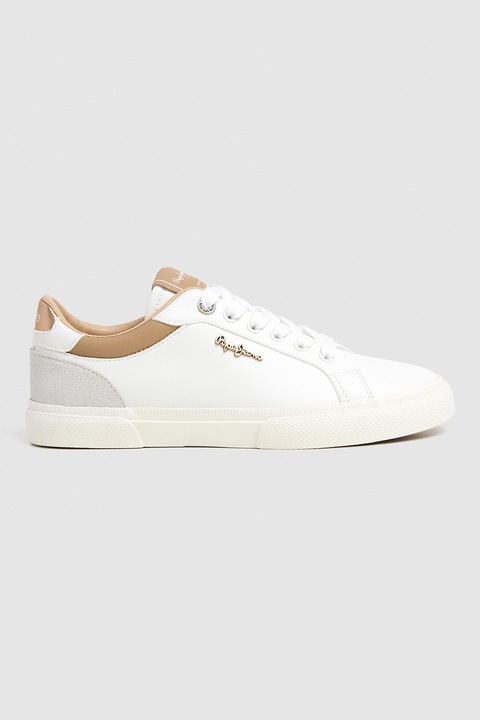 Pepe Jeans London, Sneaker nyersbőr részletekkel, Fehér/Karamellbarna