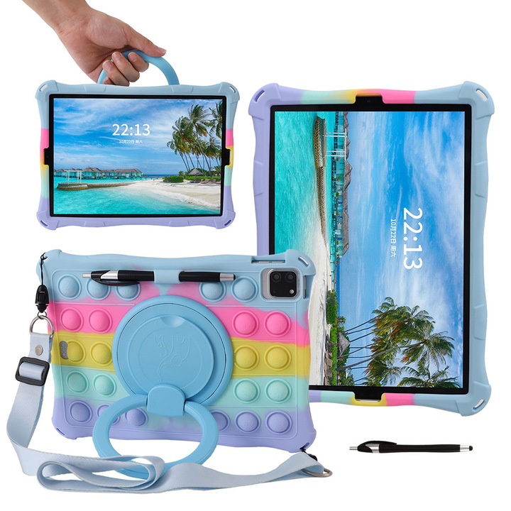 Калъф за таблет PMIXO за iPad 9,7 инча, въртяща се стойка, противоударна, антистрес играчка, син